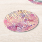 シックなバラ赤面ピンクグリッタードリップモノグラムスクエア ラウンドペーパーコースター (アングル)