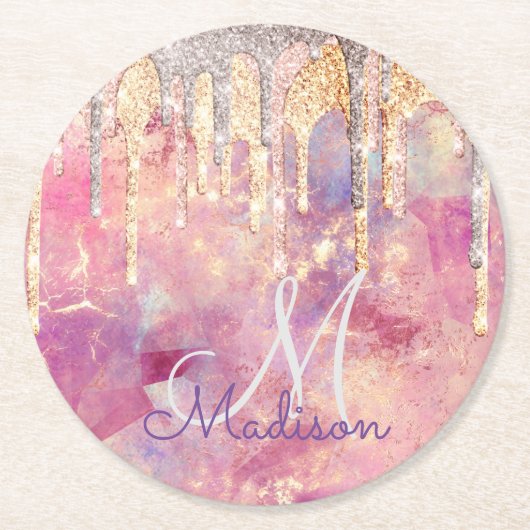 シックなバラ赤面ピンクグリッタードリップモノグラムスクエア ラウンドペーパーコースター (正面)