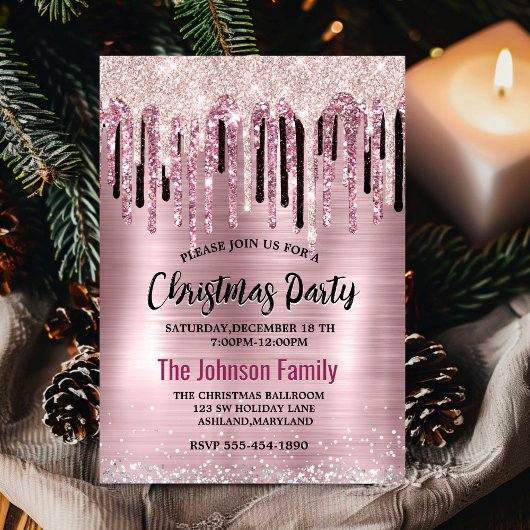 シックなバラ赤面ピンクドリップモノグラムクリスマス 招待状