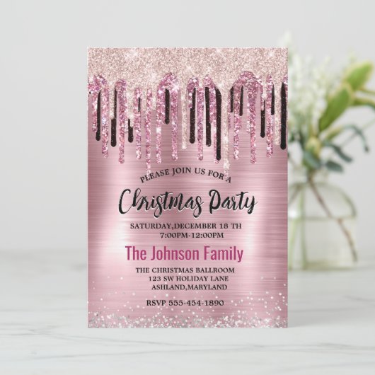 シックなバラ赤面ピンクドリップモノグラムクリスマス 招待状 (スタンド正面)