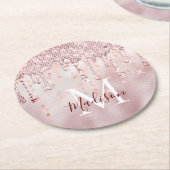 シックなバラ赤面金ゴールドグリッター滴下モノグラムパップ ラウンドペーパーコースター (アングル)