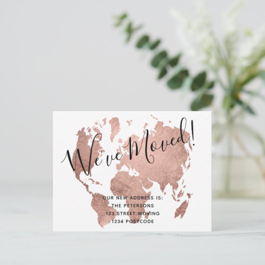 シックなバラ金ゴールドの世界地図を動かす発表 案内ポストカード (スタンド正面)