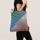 シックなバラ金ゴールドグリッタリーシェブロンティール(緑がかった色)グリーンネーム トートバッグ (クローズアップ)