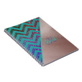 シックなバラ金ゴールドグリッタリーシェブロンティール(緑がかった色)グリーンネーム ノートブック (右側)