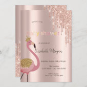 シックなバラ金ゴールドグリッタードリップスキュートピンクフラミンゴス 招待状 (正面/裏面)