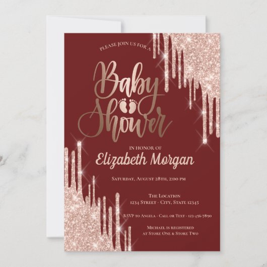 シックなバラ金ゴールドグリッタードリップスバーガンディベビーシャワー 招待状 (正面)