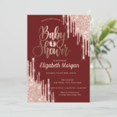 シックなバラ金ゴールドグリッタードリップスバーガンディベビーシャワー 招待状 (スタンド正面)