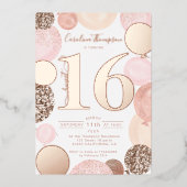 シックなバラ金ゴールドグリッターピンクバルーンSweet 16写真 箔招待状 (正面)