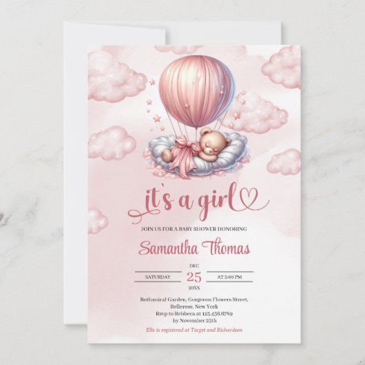 シックなバラ金ゴールドテディベアを眠っている女の子だ 招待状 (正面)