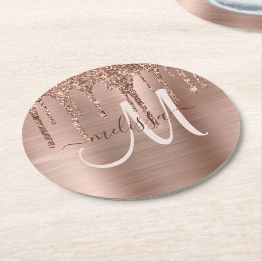 シックなバラ金ゴールドドリップグリッターブラシ仕上げ金属ガラス ラウンドペーパーコースター (アングル)