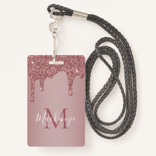 シックなバラ金ゴールドドリップスパークルグリッターモノグラム バッジ (裏面ランヤード)