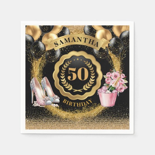 シックなバラ金ゴールドハイトナプキンズと金ゴールドバルーン スタンダードカクテルナプキン (正面)