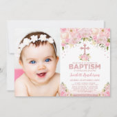 シックなバラ金ゴールドピンクグリッターフローラバプティスフォト 招待状 (正面)