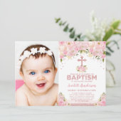 シックなバラ金ゴールドピンクグリッターフローラバプティスフォト 招待状 (スタンド正面)