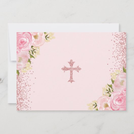 シックなバラ金ゴールドピンクグリッターフローラバプティスフォト 招待状 (裏面)