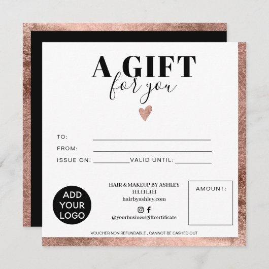 シックなバラ金ゴールドフォイル正方形ギフト証明書のロゴ (正面/裏面)