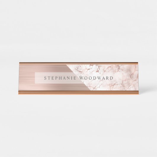 シックなバラ金ゴールドブラシ仕上げメタルピンクマーブル デスクネームプレート (正面)