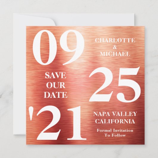 シックなバラ金ゴールドメタルモダンきらめく日付の保存 招待状 (正面)