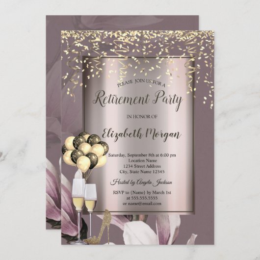 シックなバルーン、金ゴールド紙吹雪花の退職 招待状 (正面/裏面)