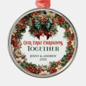 シックなバロックのグリーンとレッドリースフェスティバル メタルオーナメント (正面)