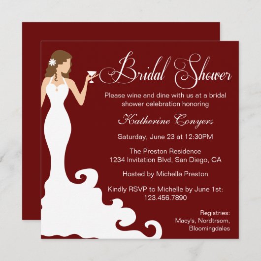 シックなバーガンディのワインのブライダルシャワーの招待状 招待状 (正面/裏面)