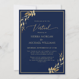 シックなバーチャルネイビーブルー&ゴールデン結婚リーフ 招待状