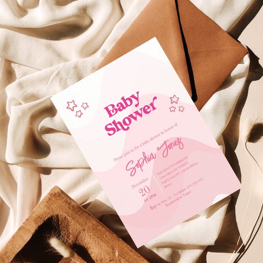 シックなパステルスターモダンピンクベビーシャワー 招待状