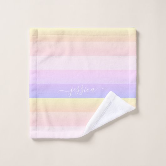 シックなパステルストライプのパープルスクリプト名 ウォッシュタオル (ウォッシュタオル)