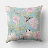 シックなパステルティール（緑がかった色）ヴィンテージバラハミングバードパターン クッション (裏面)