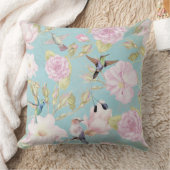 シックなパステルティール（緑がかった色）ヴィンテージバラハミングバードパターン クッション (ブランケット)