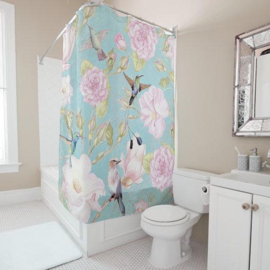 シックなパステルティール(緑がかった色)ヴィンテージバラハミングバードパターン シャワーカーテン (インサイチュ)
