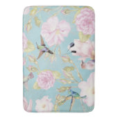 シックなパステルティール(緑がかった色)ヴィンテージバラハミングバードパターン バスマット (正面縦)