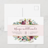 シックなパステルピストライプンクウォーターカラーフラワーズ結婚ーズ インビテーションポストカード (正面/裏面)