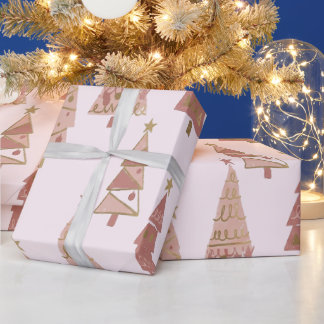 シックなパステルピンクとゴールドのクリスマスツリー ラッピングペーパー