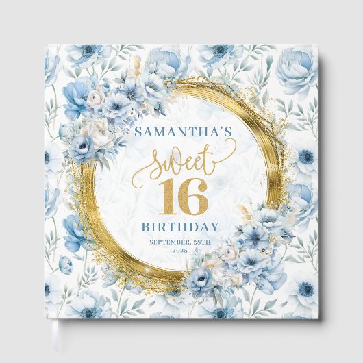 シックなパステルブルースウィート16スパークルズ付きゲストブック ゲストブック (正面)