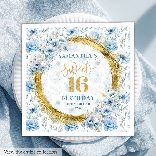 シックなパステルブルースウィート16ナプキンと金ゴールドスパークル スタンダードカクテルナプキン