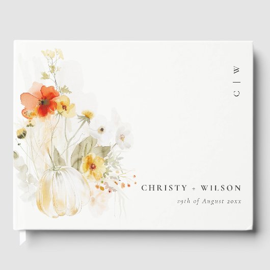シックなパステルワイルドフラワーパンプキンウォーターカラー結婚ズ ゲストブック (正面)