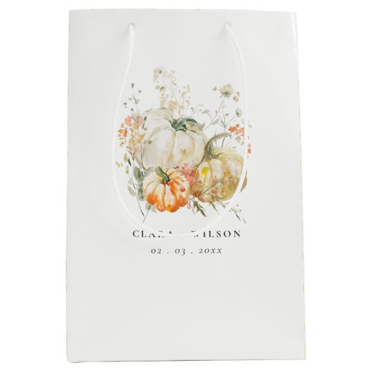 シックなパステルワイルドフラワーパンプキンウォーターカラー結婚ズ ミディアムペーパーバッグ (正面)