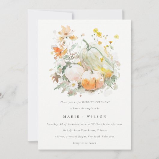シックなパステルワイルドフラワーパンプキンウォーターカラー結婚ズ 招待状 (正面)