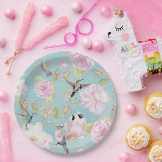 シックなパステル調のティール(緑がかった色)のヴィンテージのバラのハチドリパターン ペーパープレート (パーティー)