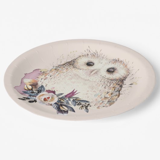 シックなパステル調の花のフクロウの動物のBohoのイラストレーション ペーパープレート (アングル)