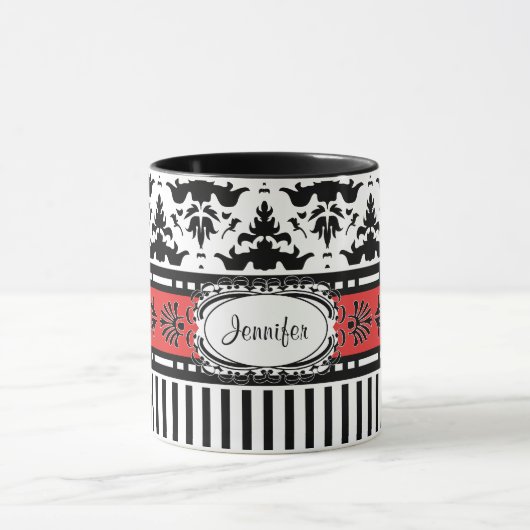 シックなパストライプリのとダマスクあなたの名前を追加 マグカップ (中央)
