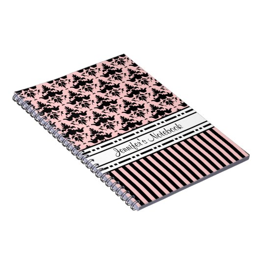 シックなパリのピンクおよび黒いダマスク織はおよび縞で飾ります ノートブック (右側)