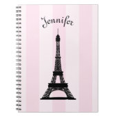 シックなパリのピンクのストライプの黒のエッフェル塔 ノートブック (正面)