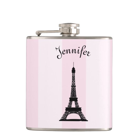 シックなパリのピンクのストライプの黒のエッフェル塔 フラスク (正面)