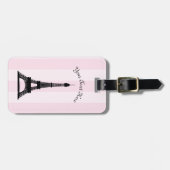 シックなパリのピンクのストライプの黒のエッフェル塔 ラゲッジタグ (正面横)