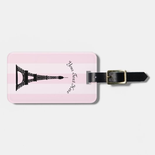 シックなパリのピンクのストライプの黒のエッフェル塔 ラゲッジタグ (正面横)
