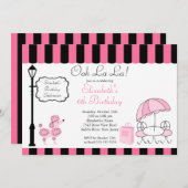 シックなパリのピンクのプードルのバースデーパーティ招待状 招待状 (正面/裏面)