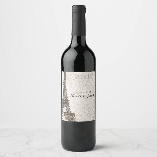 シックなパリエッフェルタワー&バラエレガントワインラベル ワインラベル (正面)