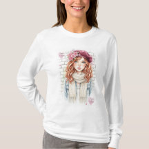 シックなパリスタイルのベレー帽の女性のフラワーファッションTシャツ